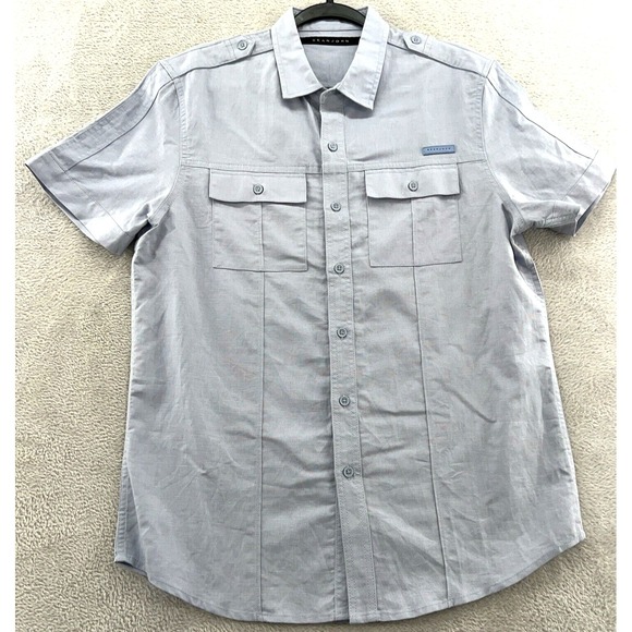 Sean John Other - Sean John Shirt Mens Medium Grey Military Style Hairline Button Up Short Sleeves